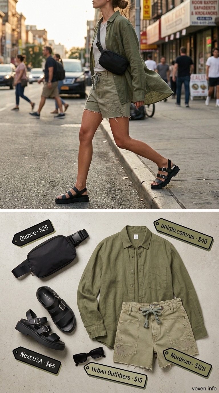 Hot summer heat wave outfits for women 2026: Khaki denim shorts, linen shirt, chunky sandals, and belt bag for city exploration.