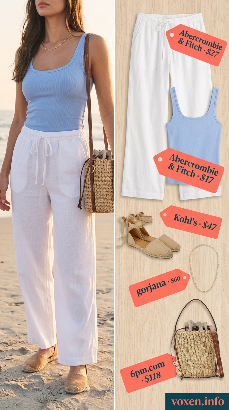 Hot summer heat wave outfits for women 2026: White linen pants, blue tank, espadrilles for a fresh coastal brunch.