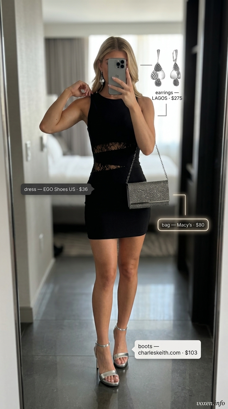 Black Lace Clubbing Outfits 2026 Glamorous black lace mini dress for women's clubbing outfits in 2026. Features side and back lace cut-outs.