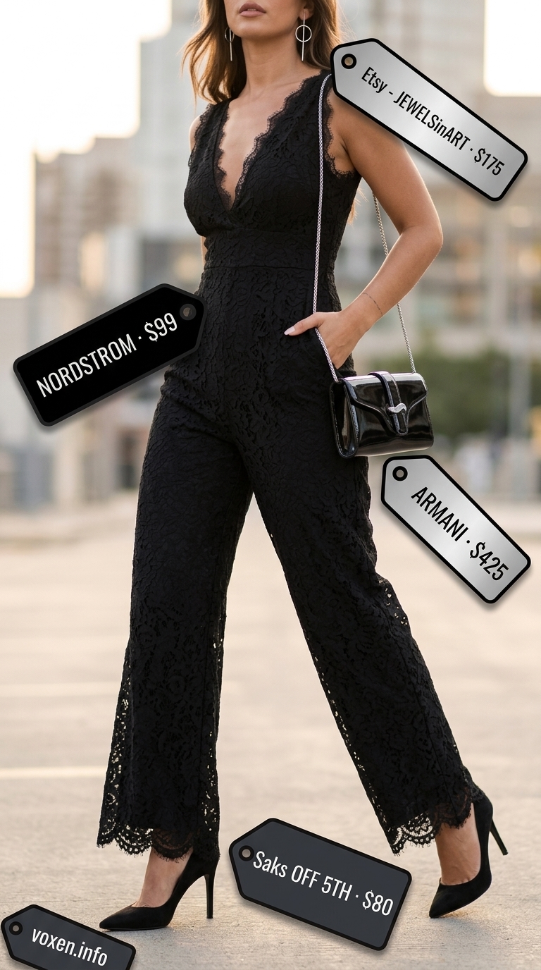 Black Lace Jumpsuit 2026: Midnight Glamour Black lace details summer outfit for women 2026: wide-leg jumpsuit with lace trim, stiletto heels for evening glamour.