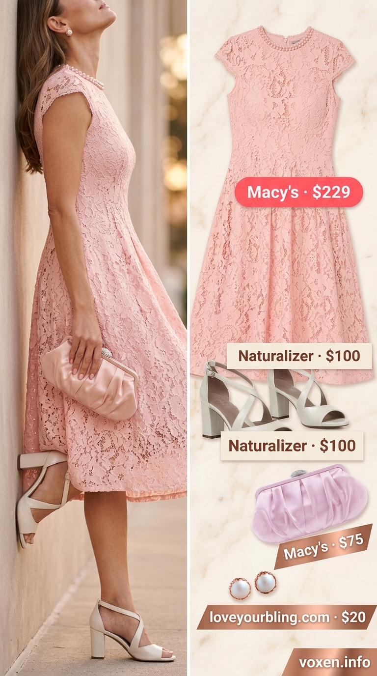 Blush pink lace details summer outfit for women 2026: A-line midi dress, block heels, clutch for wedding guest.