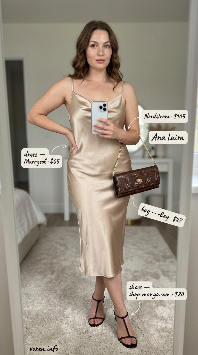 Champagne Lace Date Night Outfits 2026 Elegant champagne satin slip dress with lace trim for women's date night outfits in 2026.