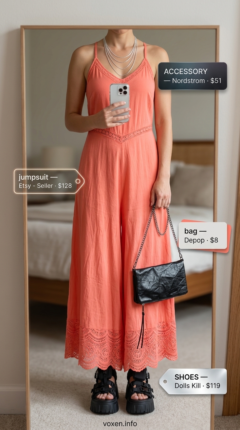 Lace Details Summer Outfits 2026: Festival Jumpsuit Coral lace jumpsuit with black sandals and silver necklaces for a vibrant summer festival outfit 2026.