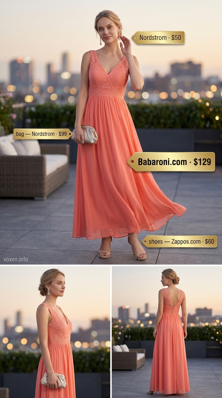 Coral Lace Evening Outfits 2026 Ethereal coral maxi dress with lace inserts for women's summer evening event outfits in 2026.