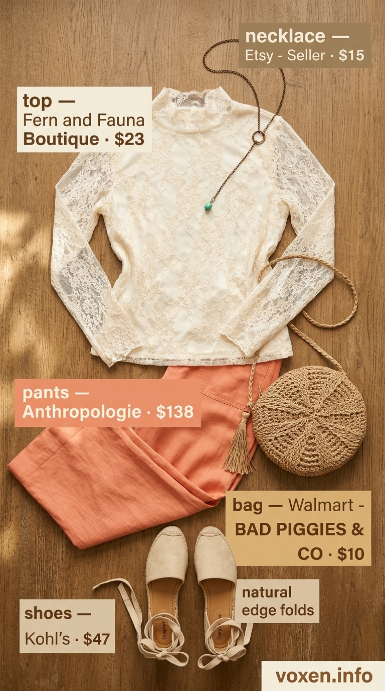 Cream Lace Top 2026: Boho Sunset Style Cream lace details summer outfit for women 2026: sheer top, wide-leg pants, espadrilles for boho style.