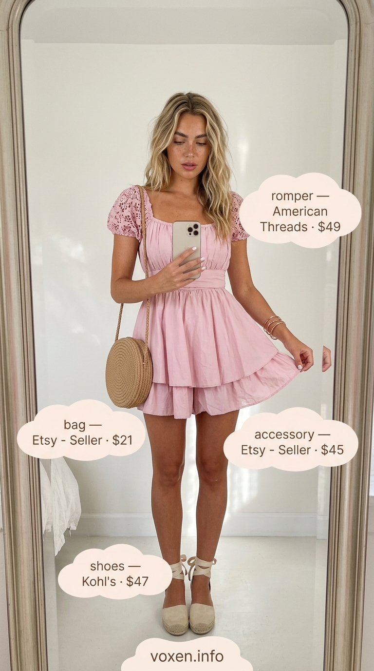 Boho Picnic Lace Outfits 2026 Dusty rose lace romper for women, perfect for a boho picnic outfit in 2026. Features puff sleeves and straw accessories.