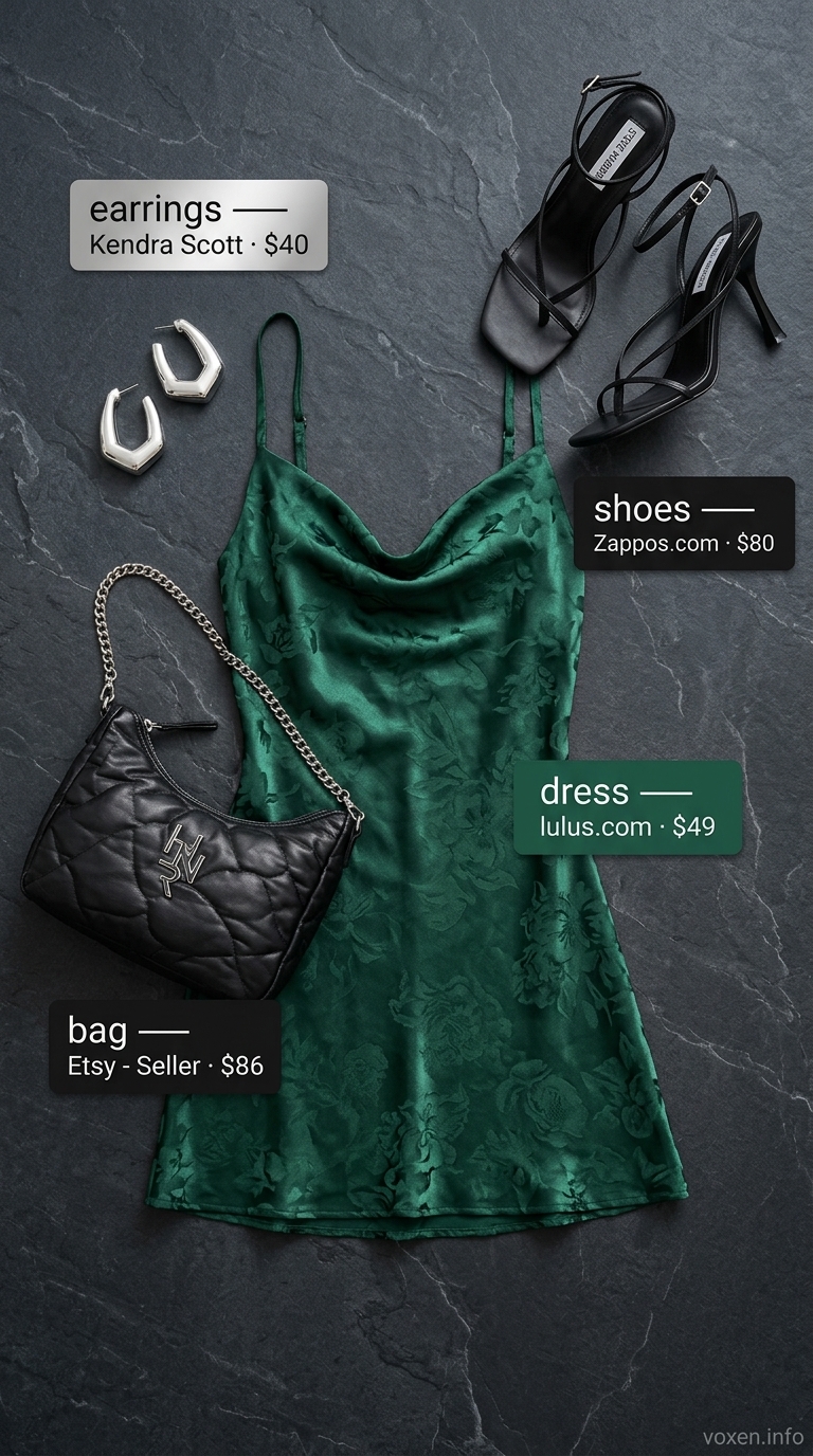 Emerald Lace Night Out Outfits 2026 Seductive emerald green satin slip dress with lace trim for women's night out outfits in 2026.