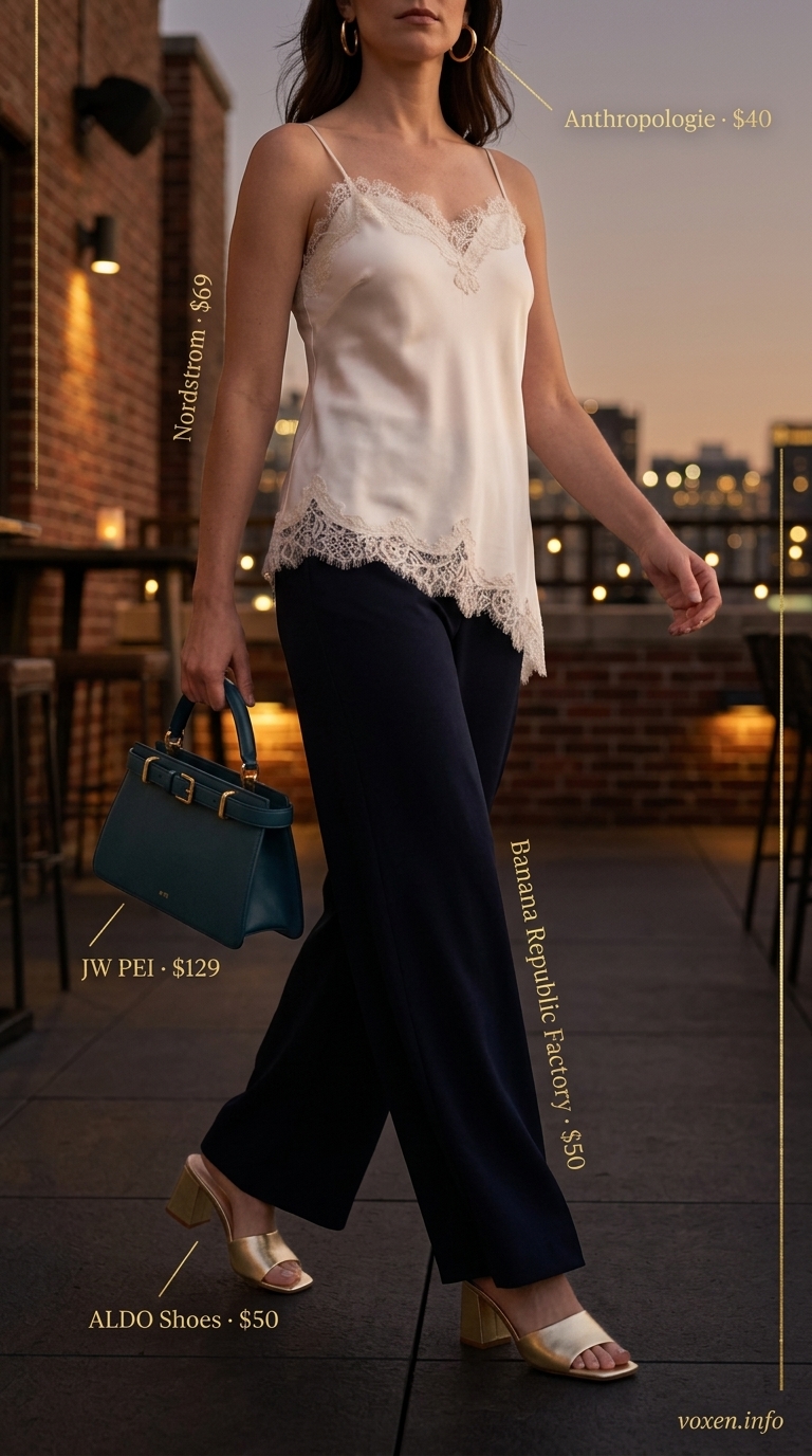 Ivory Lace Camisole 2026: City Nights Glam Ivory lace details summer outfit for women 2026: camisole, wide-leg pants, mules for city nights.