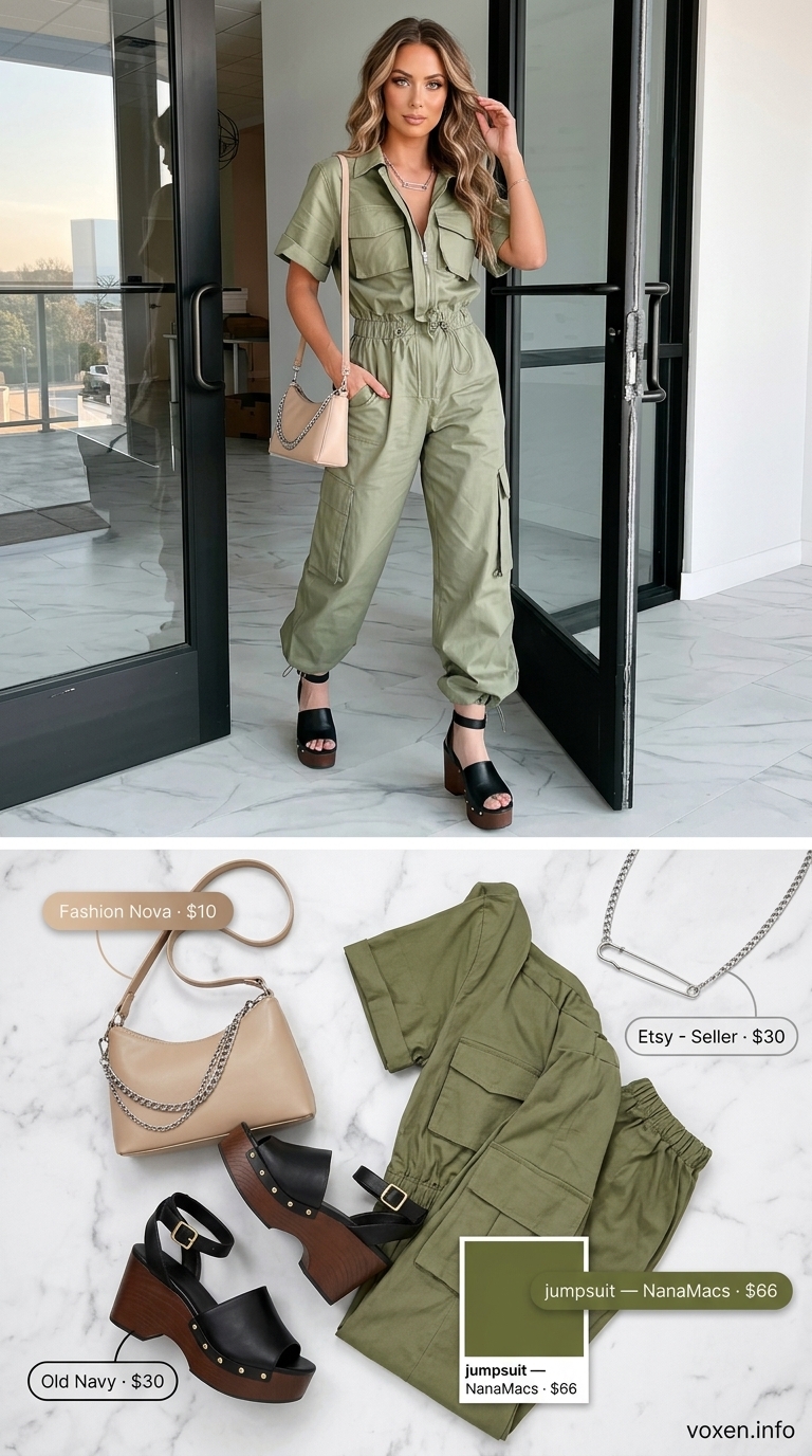 Khaki Lace Jumpsuit 2026: Urban Explorer Style Khaki lace details summer outfit for women 2026: utility jumpsuit with lace back, platform sandals for urban explorer.