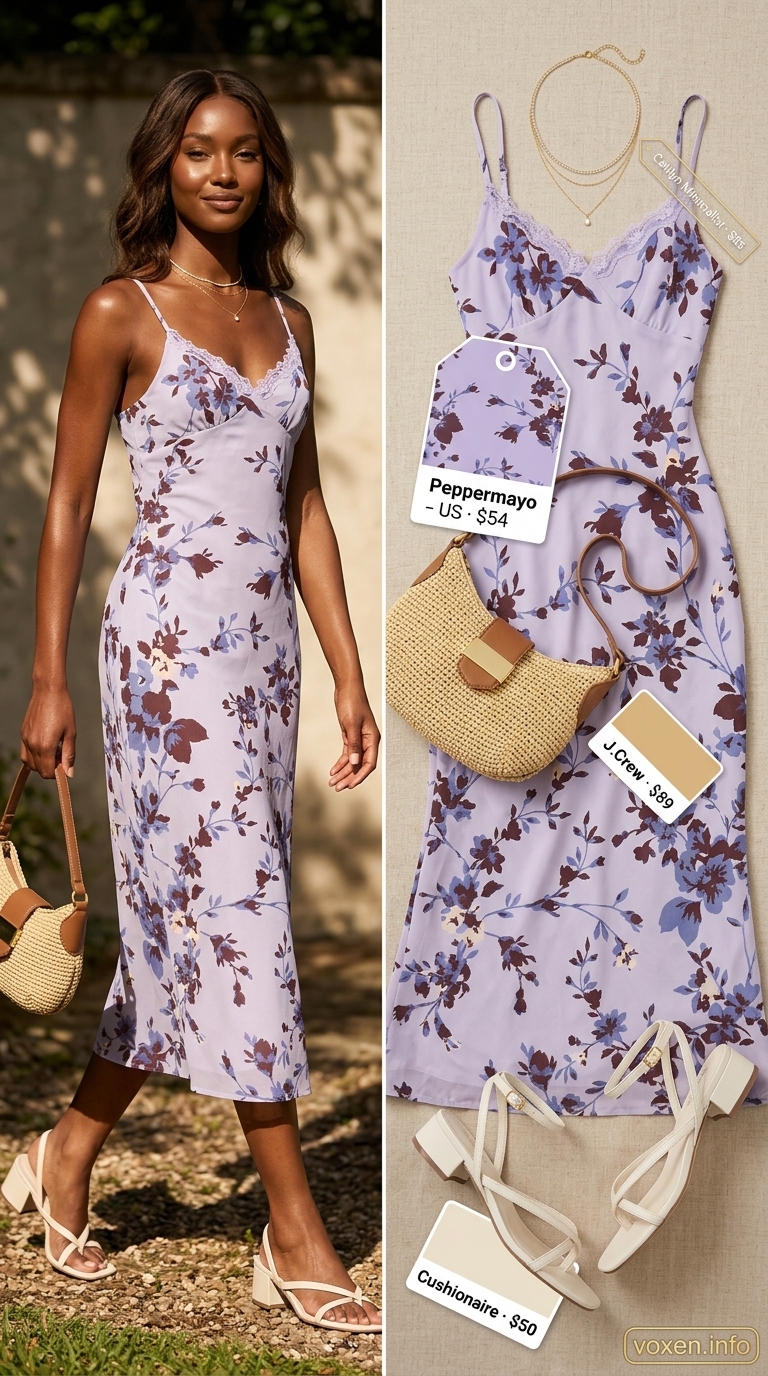 Lavender Lace Summer Dress 2026: Brunch Outfit Lavender lace details summer outfit for women 2026: flowy midi dress, strappy sandals, straw bag for brunch.