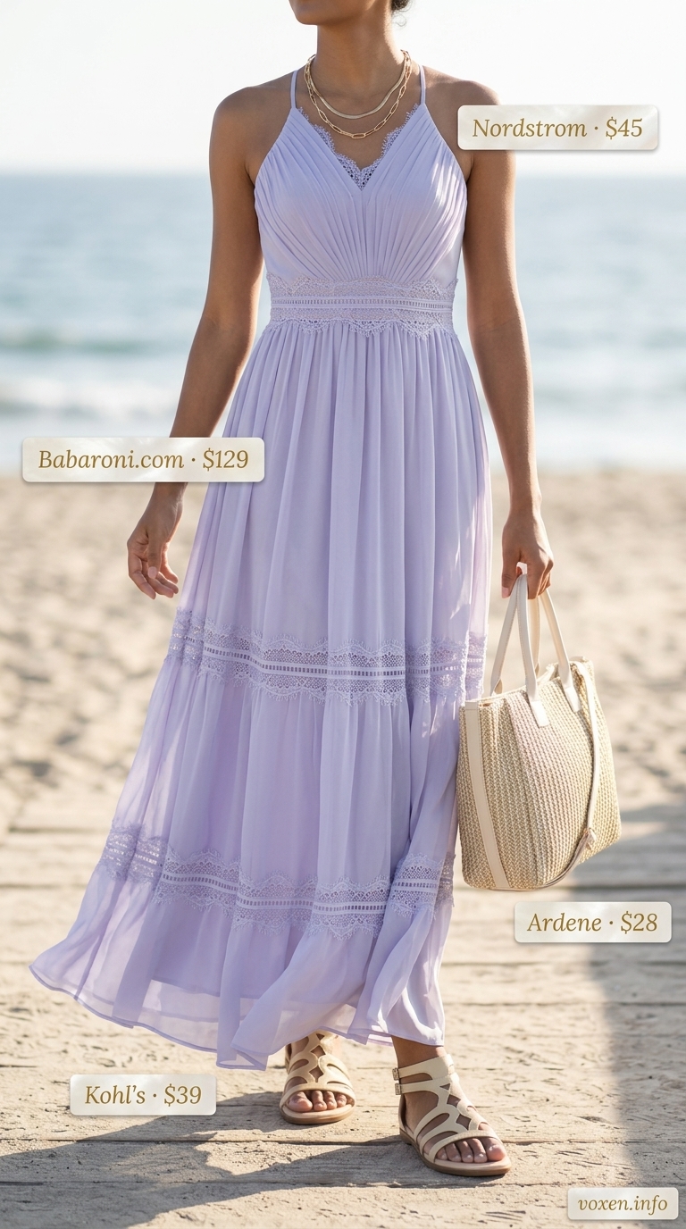 Lavender Lace Beach Outfits 2026 Romantic soft lavender maxi dress with lace trim for women's beach vacation outfits in 2026.