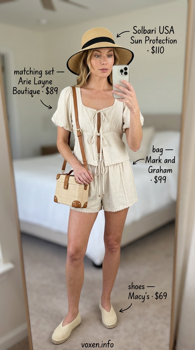 Lace Details Summer Outfits 2026: Poolside Set Natural linen lace trim matching set for poolside drinks, a relaxed vacation outfit 2026.