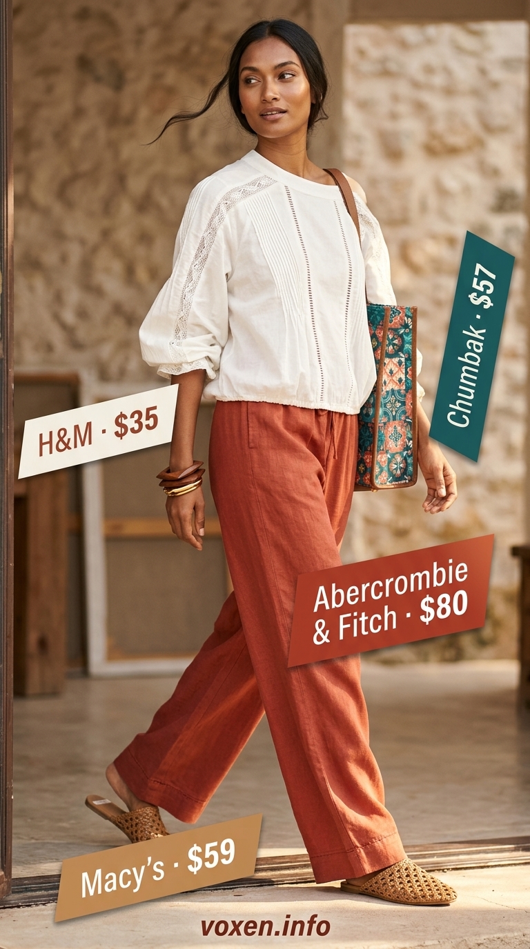 Lace Details Summer Outfits 2026: Artisan Linen Set Terracotta linen pants with cream Battenburg lace blouse for an artisan studio outfit 2026.