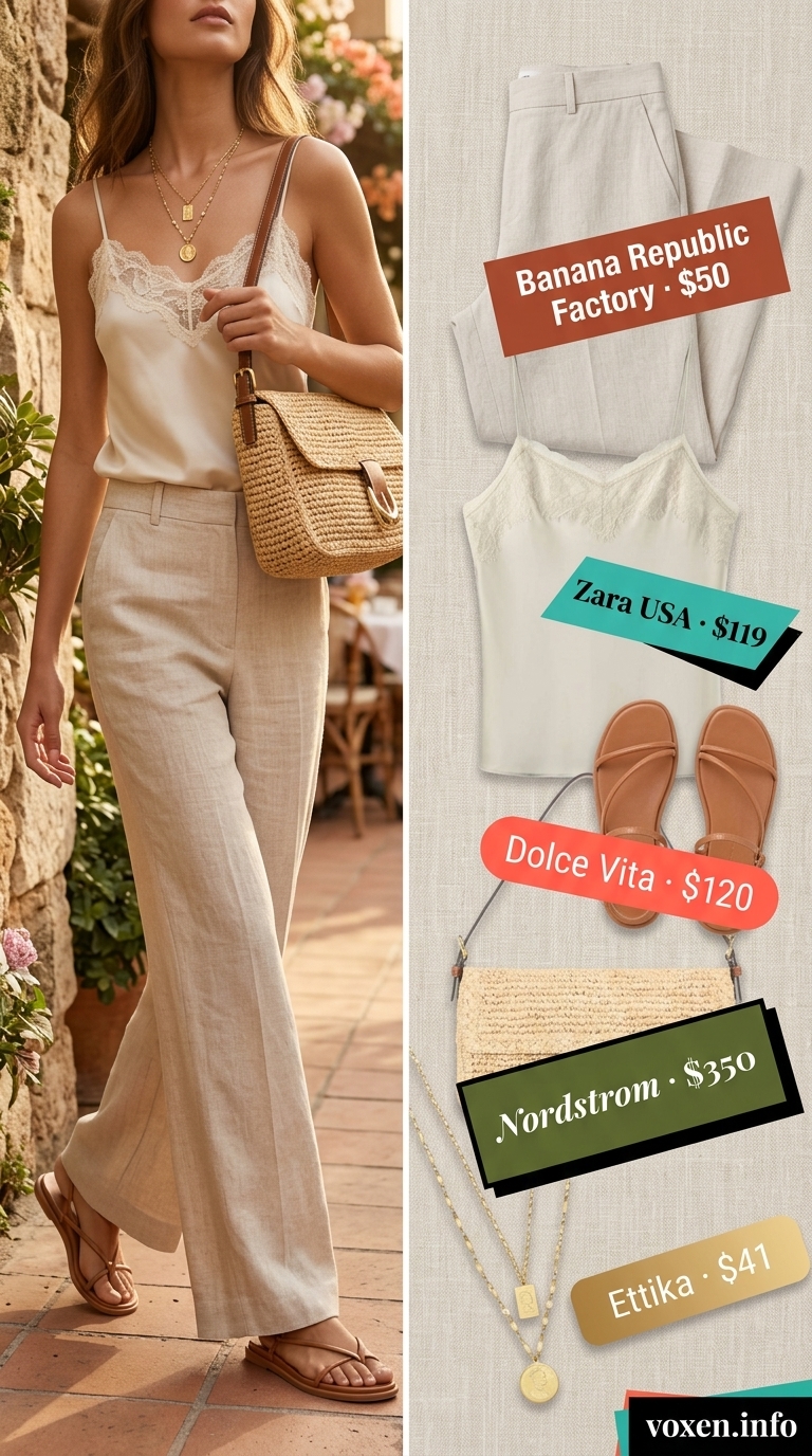 Lace Details Summer Outfits 2026: Boho Brunch Pants Ecru linen wide-leg pants with lace camisole for a bohemian brunch outfit 2026.