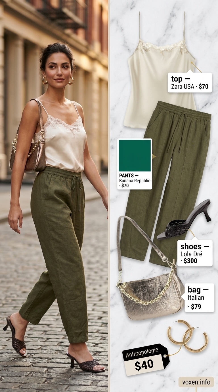 Olive Lace Evening Outfits 2026 Sophisticated olive green linen pants with lace camisole for women's summer evening outfits 2026.
