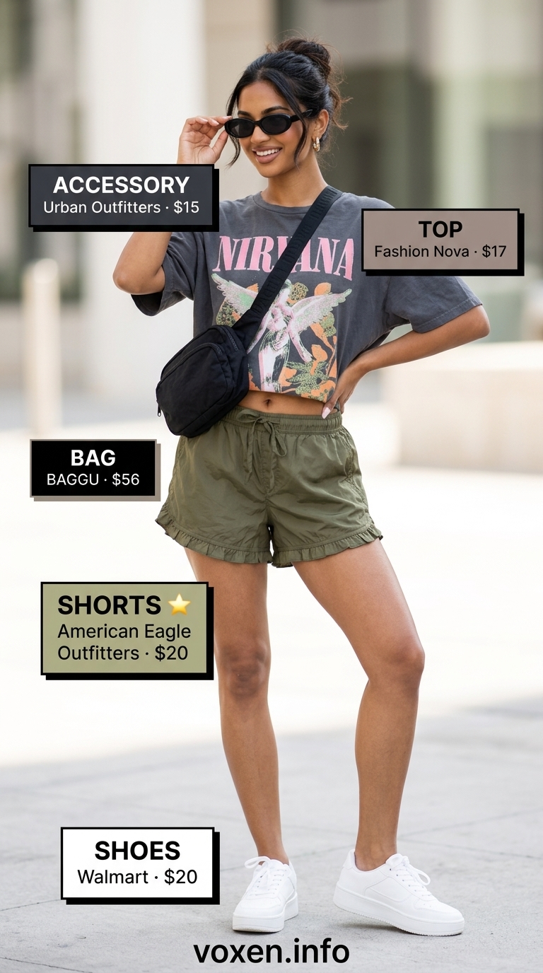 Lace Details Summer Outfits 2026: Festival Shorts Olive green utility shorts with lace trim and band tee for a casual festival outfit 2026.