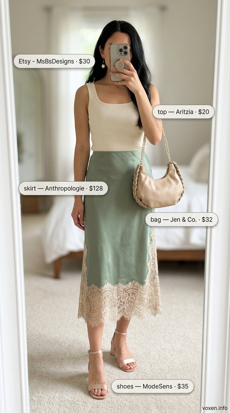Lace Details Summer Outfits 2026: Garden Brunch Style Sage green lace midi skirt outfit with cream tank, pink sandals for summer brunch 2026.