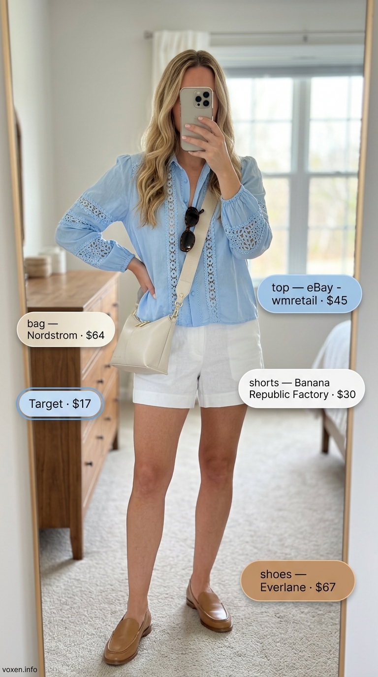 Lace Details Summer Outfits 2026: Riviera Chic Sky blue lace insert blouse with white linen shorts for a crisp Riviera day trip outfit 2026.