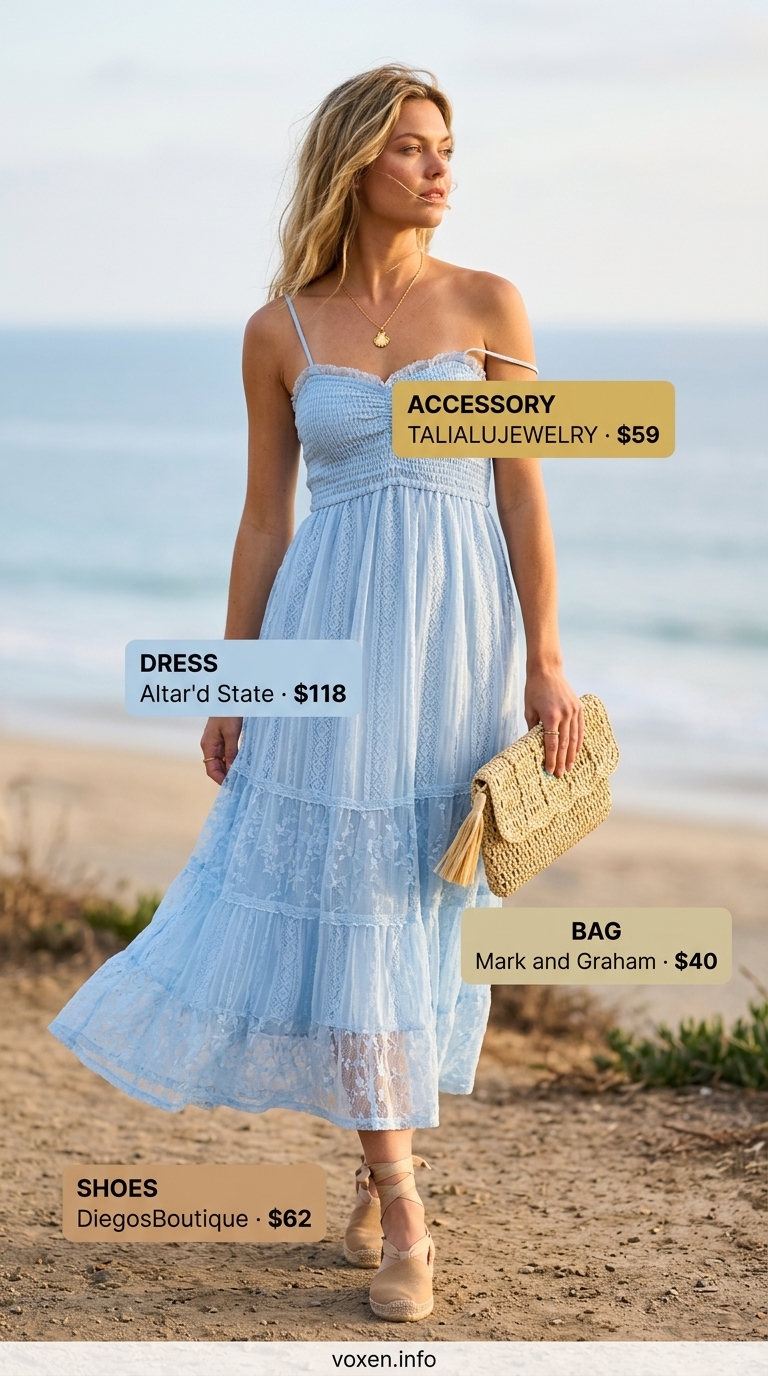 Lace Details Summer Outfits 2026: Beach Maxi Dress Sky blue crinkle cotton lace maxi dress for a serene seaside soiree outfit 2026.