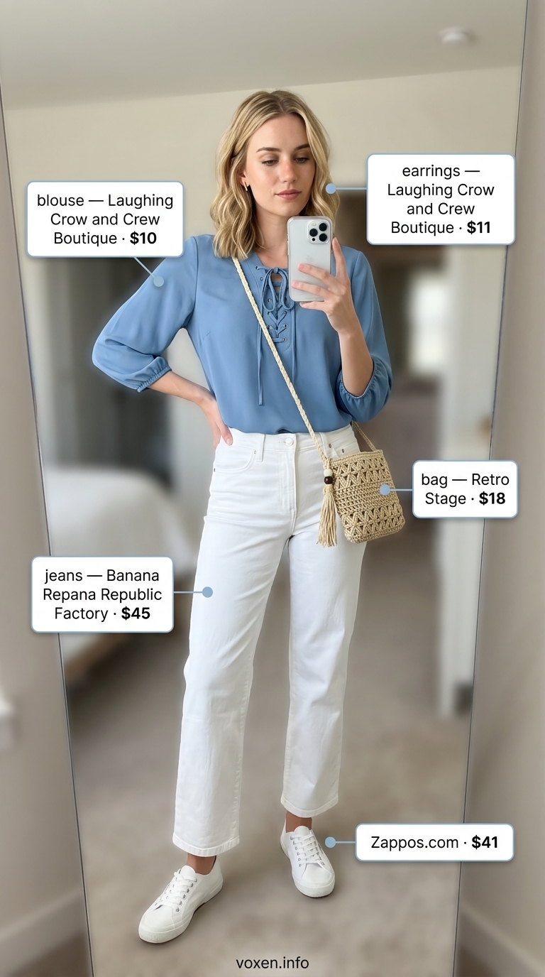 White Lace Casual Outfits 2026 Fresh white jeans with a lace-up blouse for women's casual summer outfits in 2026.