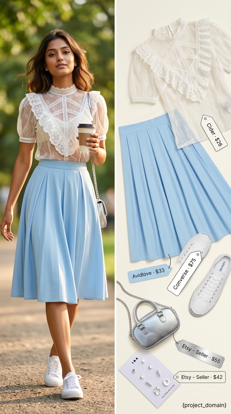 White Lace Blouse 2026: Playful Summer Skirt Outfit White lace details summer outfit for women 2026: lace blouse, mini skirt, sneakers for playful day out.