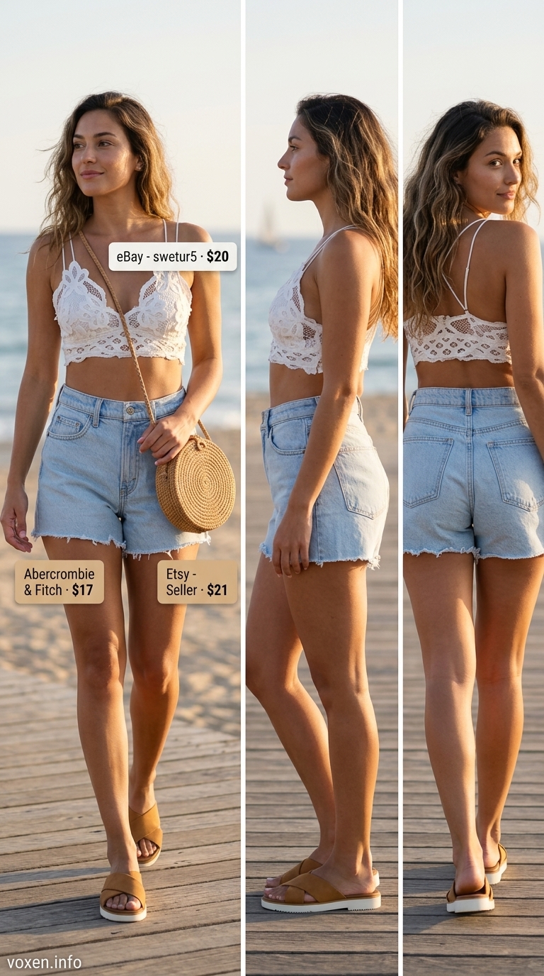 White Lace Bralette 2026: Coastal Charm Casual White lace details summer outfit for women 2026: bralette, denim shorts, slide sandals for coastal charm.