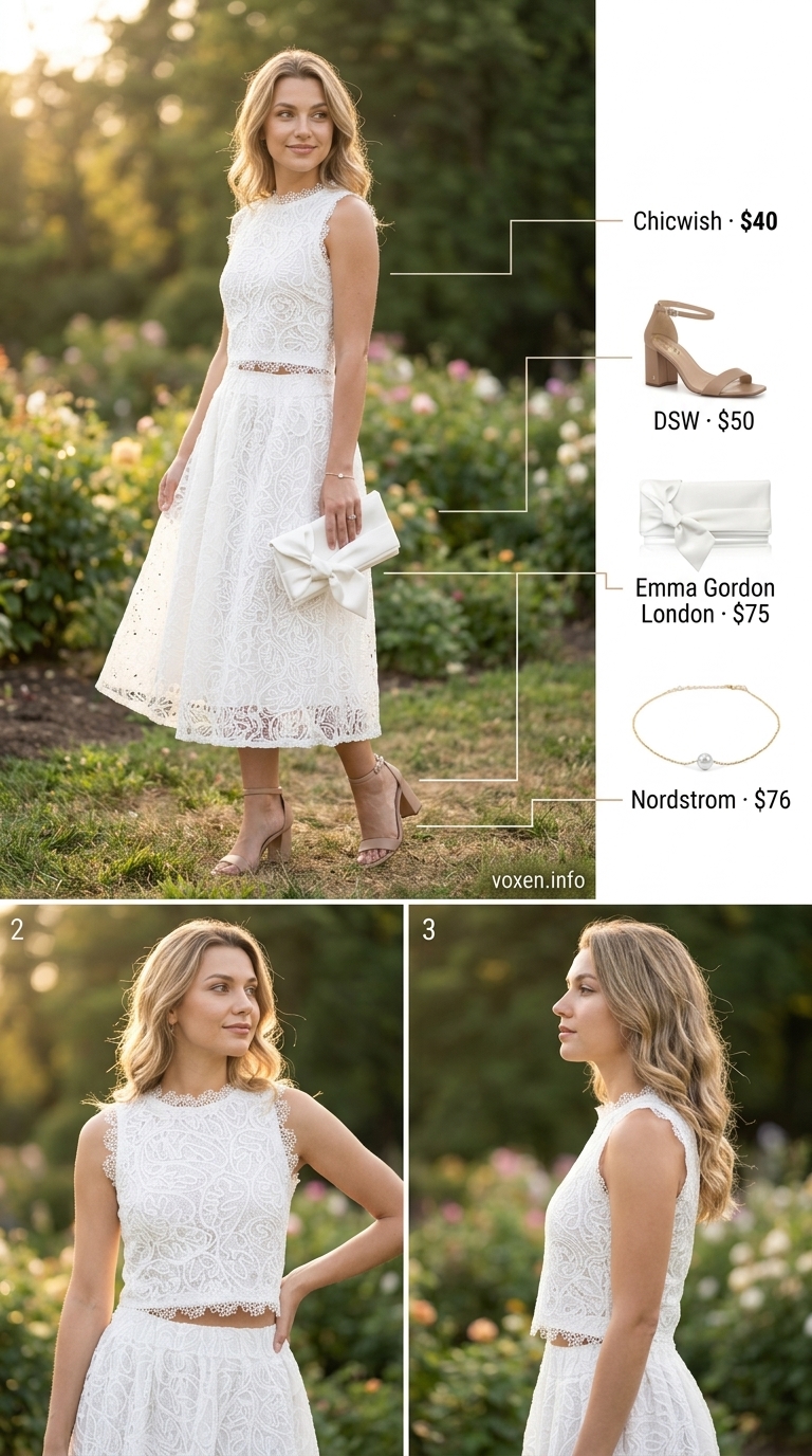 White Lace Garden Party Outfits 2026 Elegant white lace matching set for women, ideal for a garden party or summer wedding guest look in 2026.