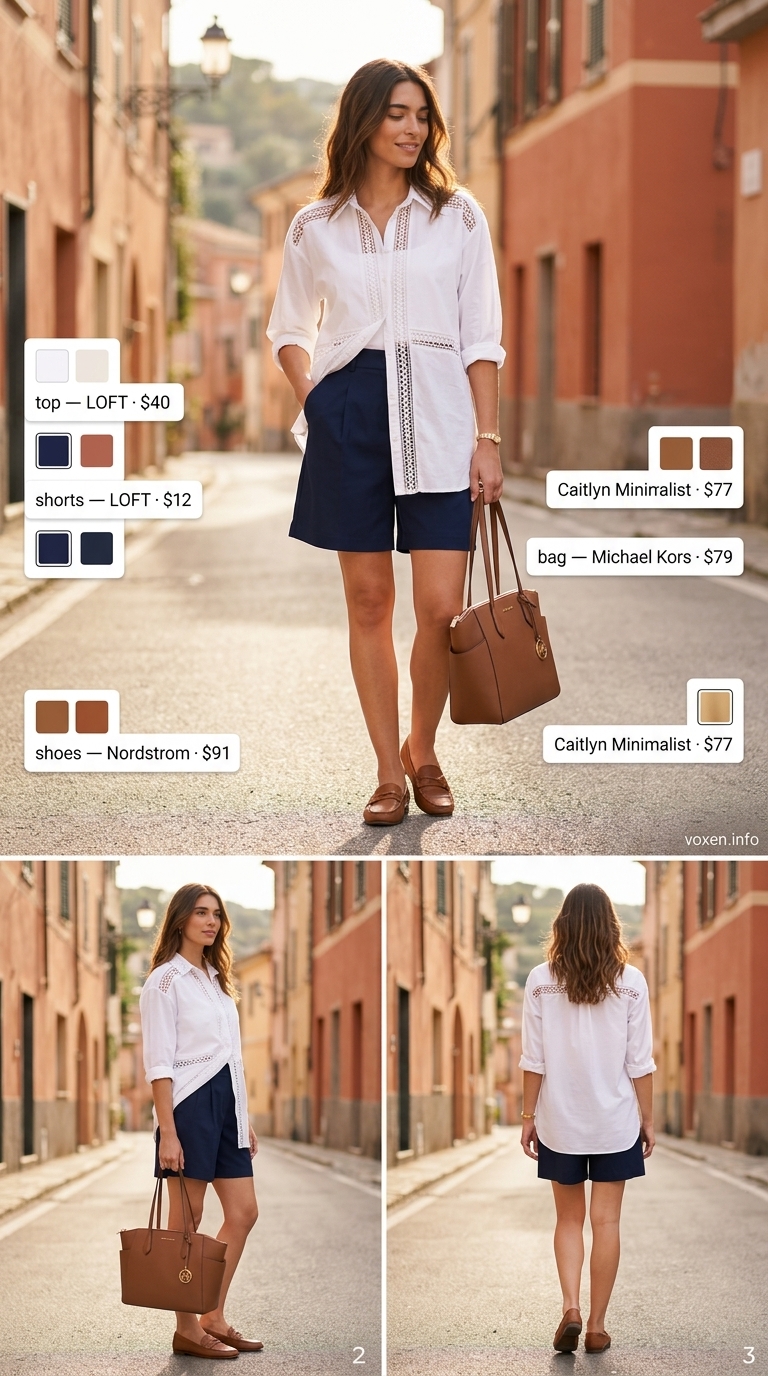 Lace Trim Shirt 2026: Nautical Chic Vacation White lace details summer outfit for women 2026: crisp shirt, tailored shorts, loafers for nautical chic.