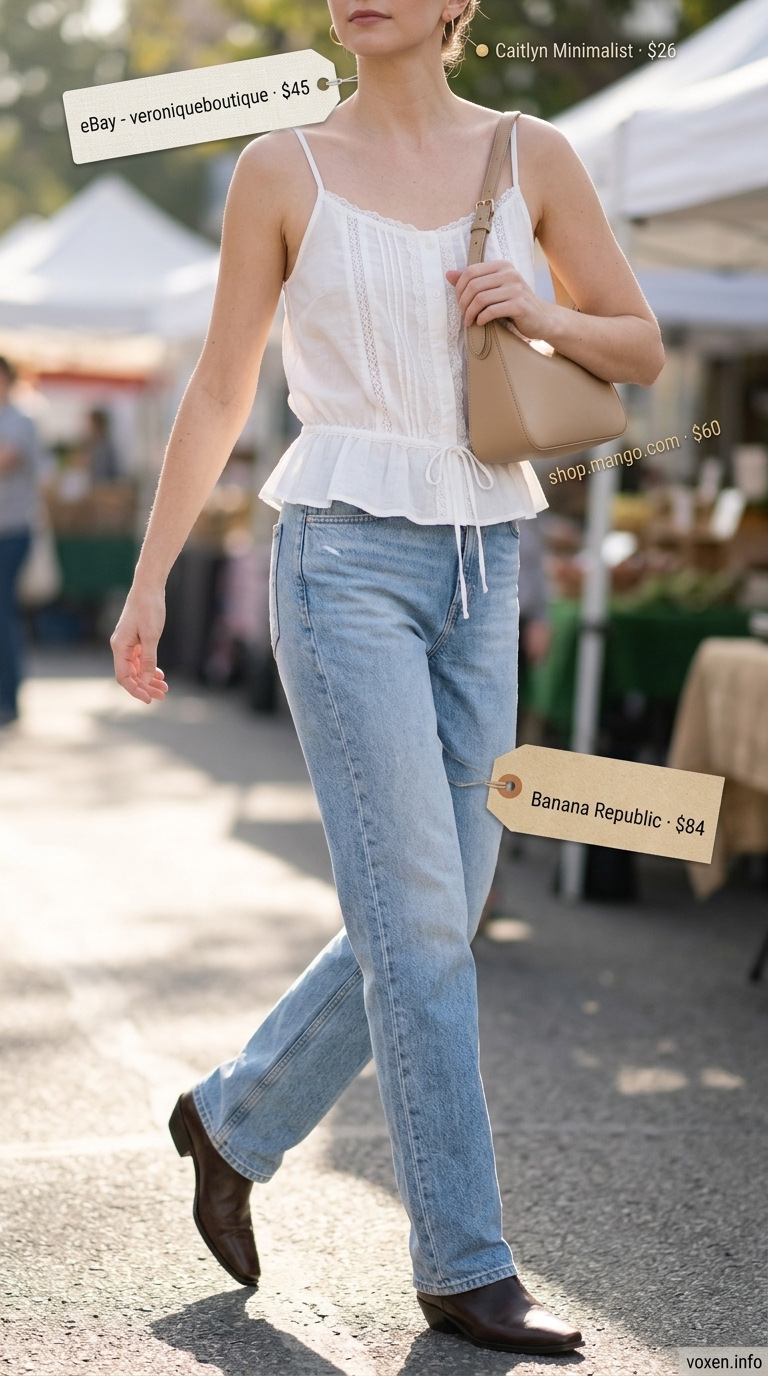 Lace Trim Summer Top 2026: Casual Chic White lace details summer outfit for women 2026: layered shirt & camisole, jeans, sneakers for casual day.