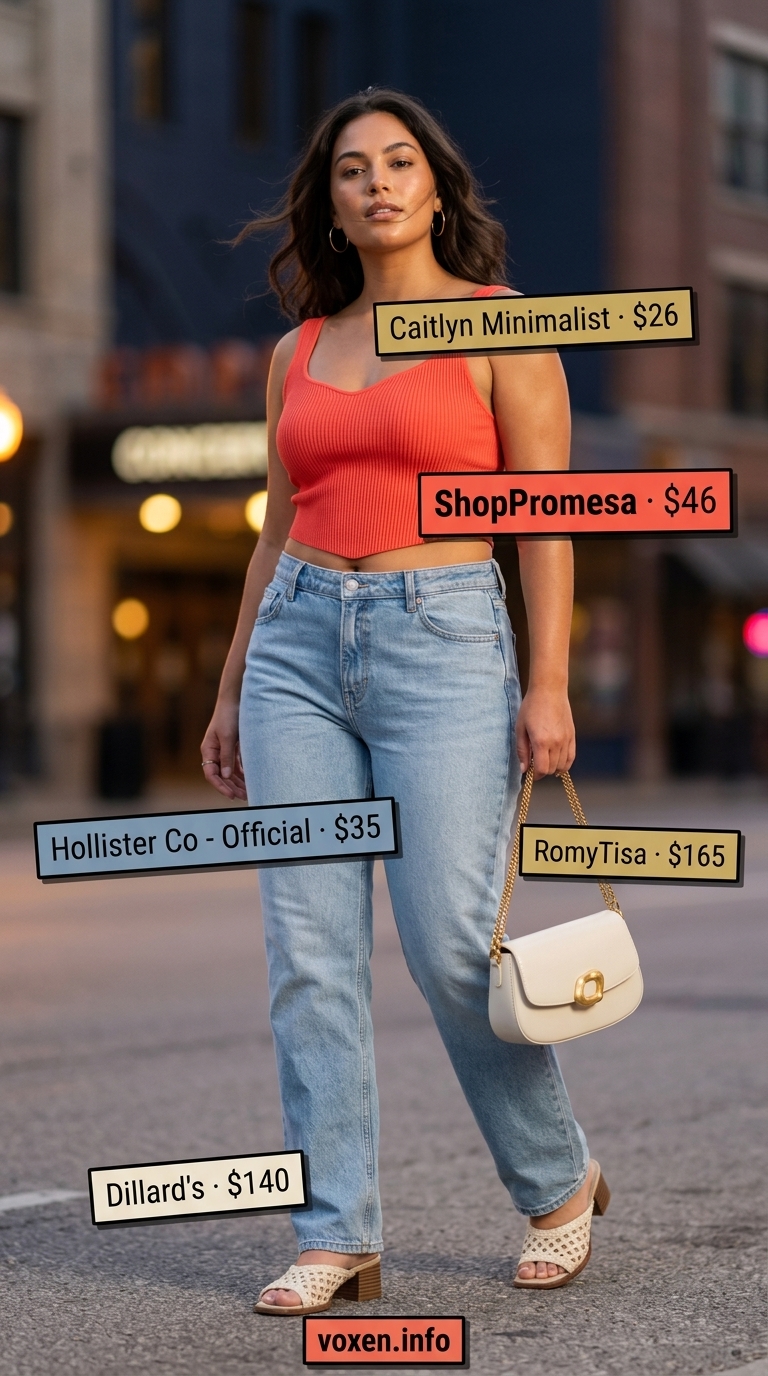 Midsize outfits for women summer 2026: Coral tank top, light wash jeans, heeled mules, and denim bag for a casual evening.