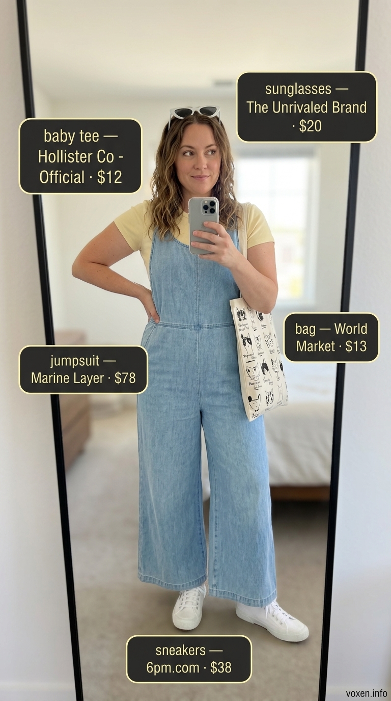 Midsize outfits for women summer 2026: Denim overalls, yellow tee, and white sneakers for market day.