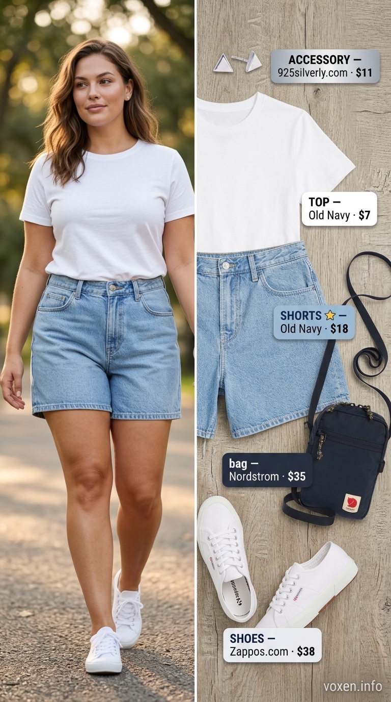 Midsize outfits for women summer 2026: Light wash denim shorts, white tee, and sneakers for casual day out.