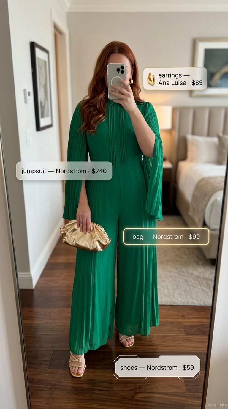 Midsize outfits for women summer 2026: Emerald green jumpsuit with gold accessories for an evening out.