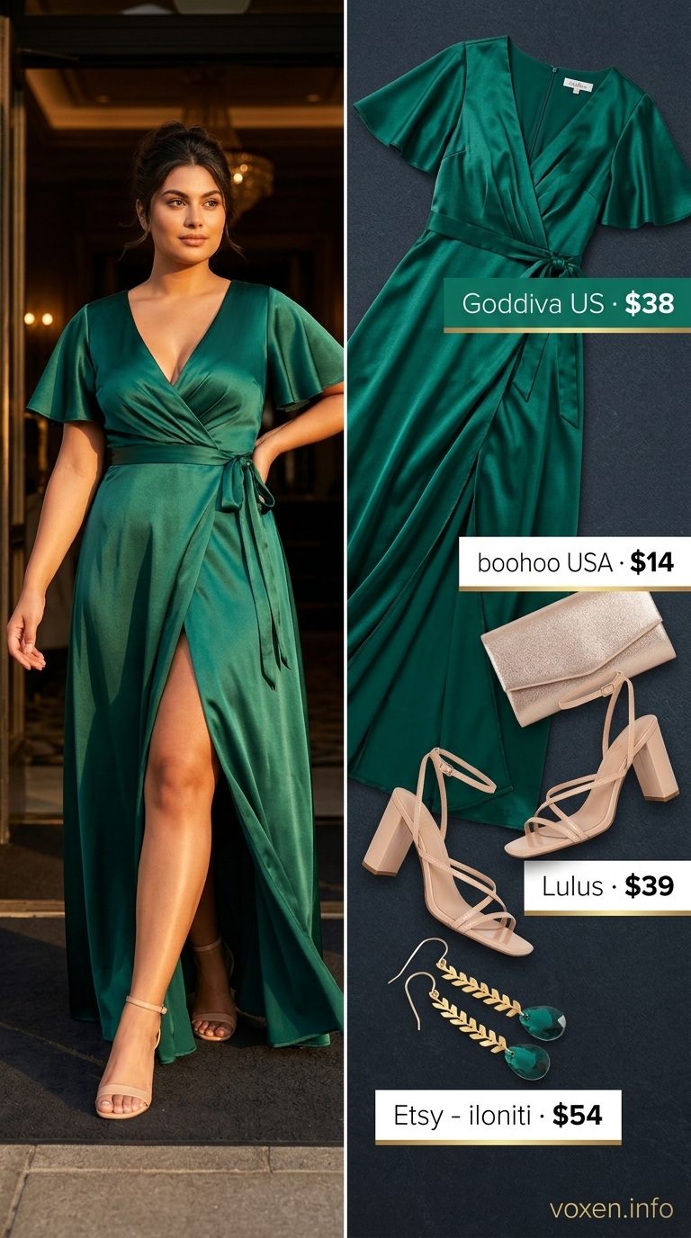 Midsize outfits for women summer 2026: Emerald green satin wrap dress, gold earrings, and nude heels for wedding guest.