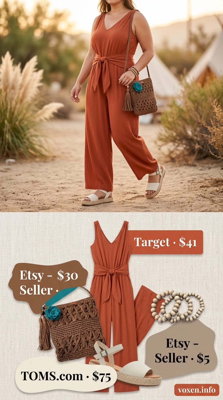 Midsize outfits for women summer 2026: Terracotta wide-leg jumpsuit with espadrilles and straw crossbody bag for travel.
