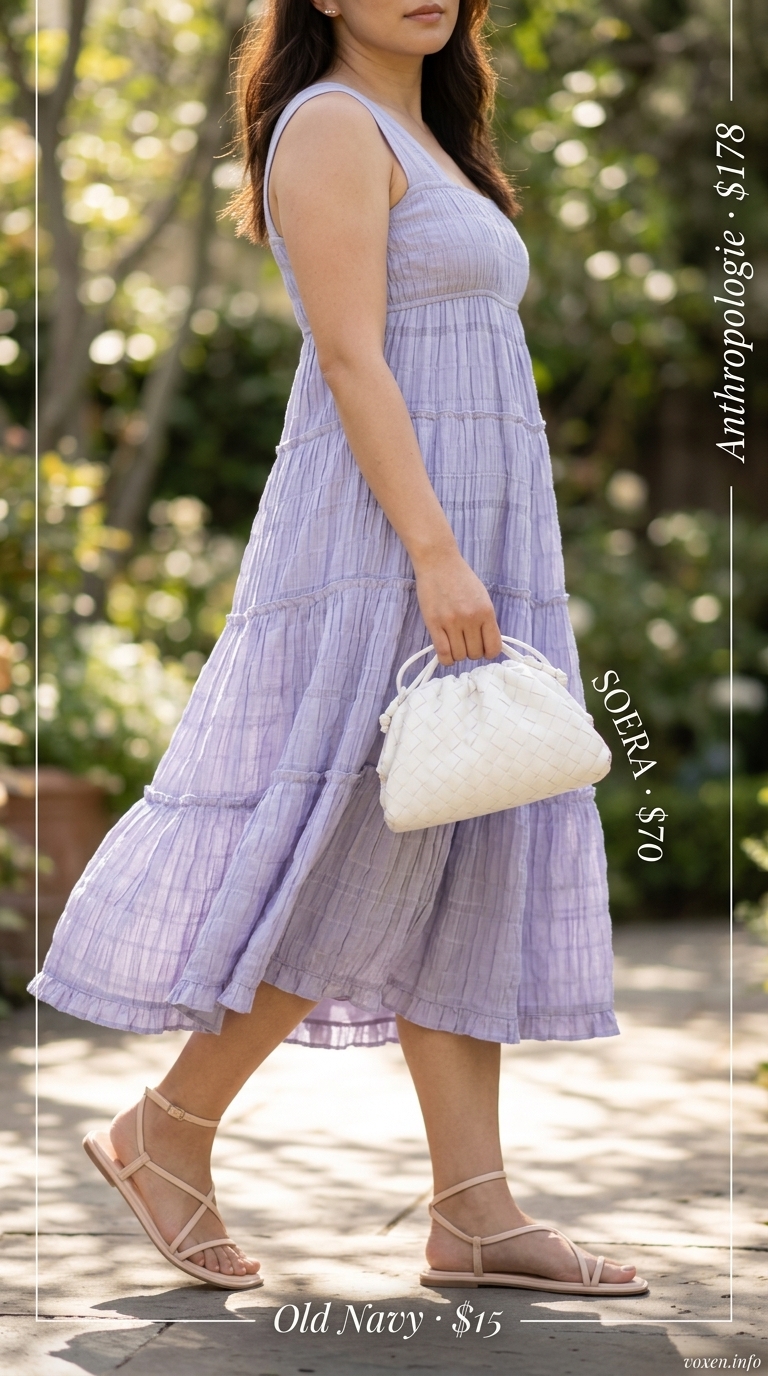 Midsize outfits for women summer 2026: Lavender floral midi dress, white woven bag, and nude sandals for brunch.