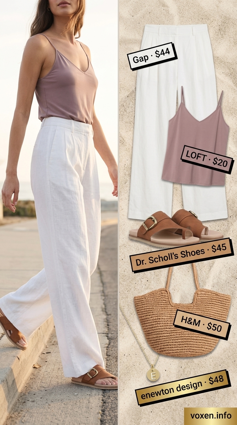Midsize outfits for women summer 2026: White linen pants, tan camisole, straw bag, and flat sandals for brunch.