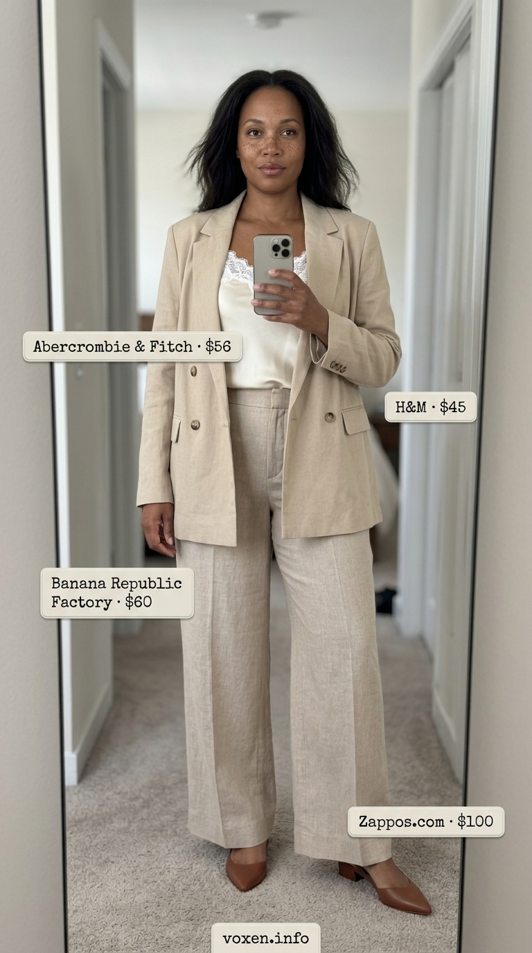 Midsize outfits for women summer 2026: Cream linen trousers, oversized blazer, and tan satchel for business casual.