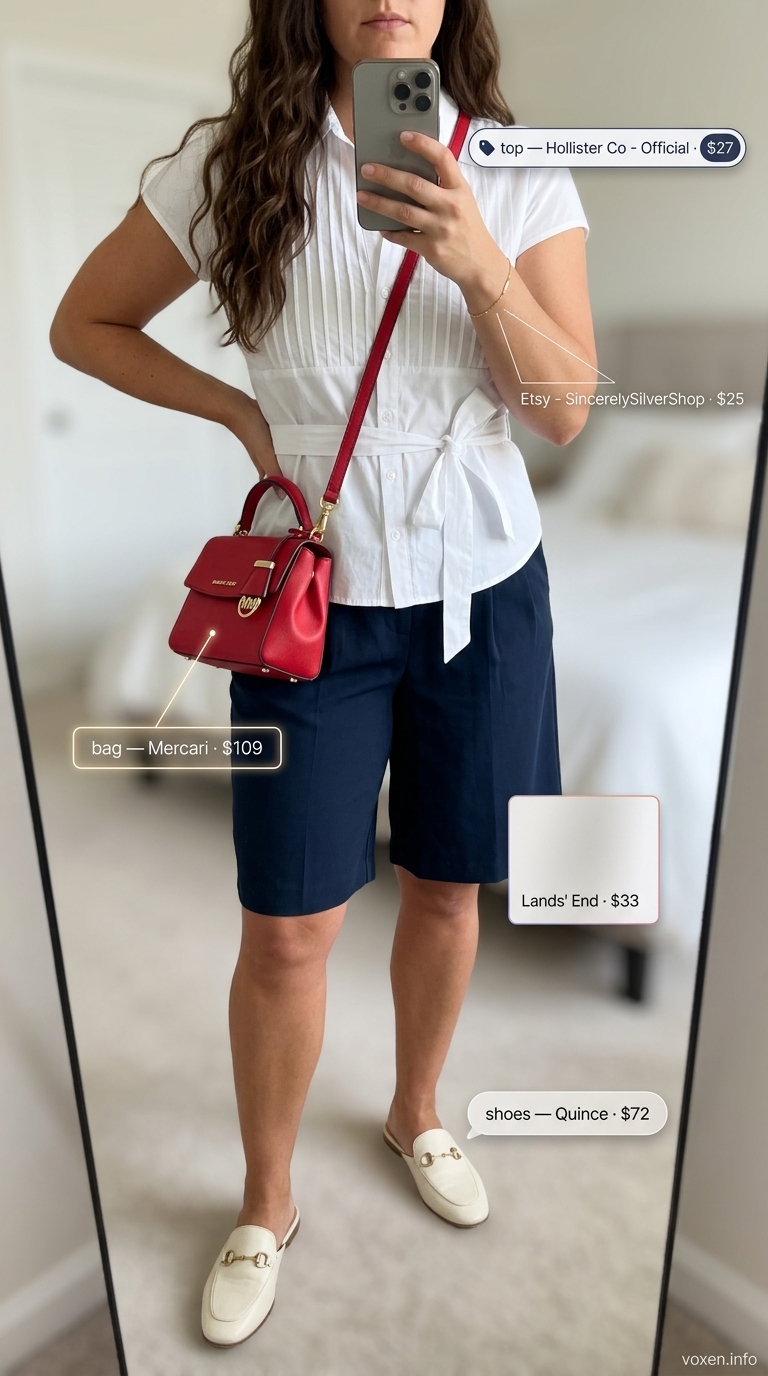 Midsize outfits for women summer 2026: Navy Bermuda shorts, white button-down, and loafers for country club.