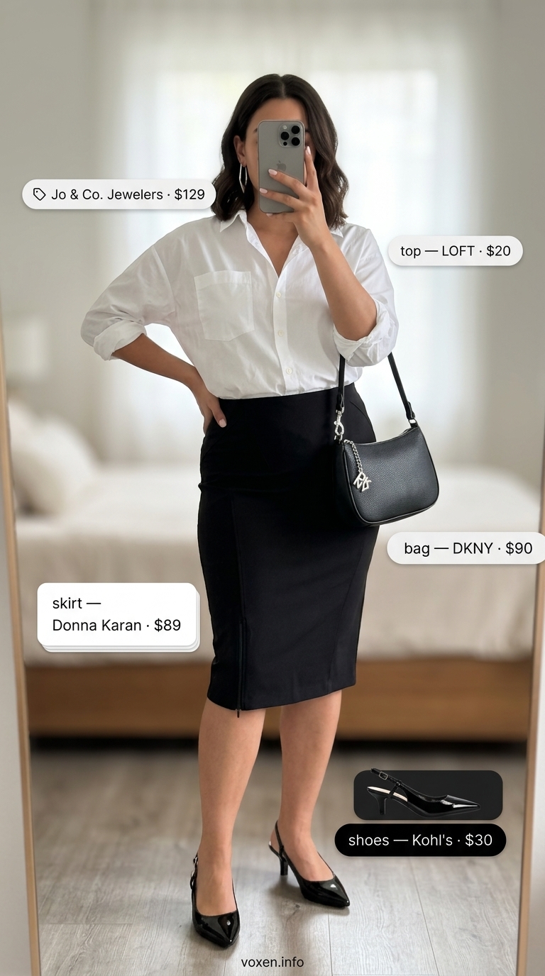 Midsize outfits for women summer 2026: Black pencil skirt, white oversized shirt, and slingbacks for office casual.