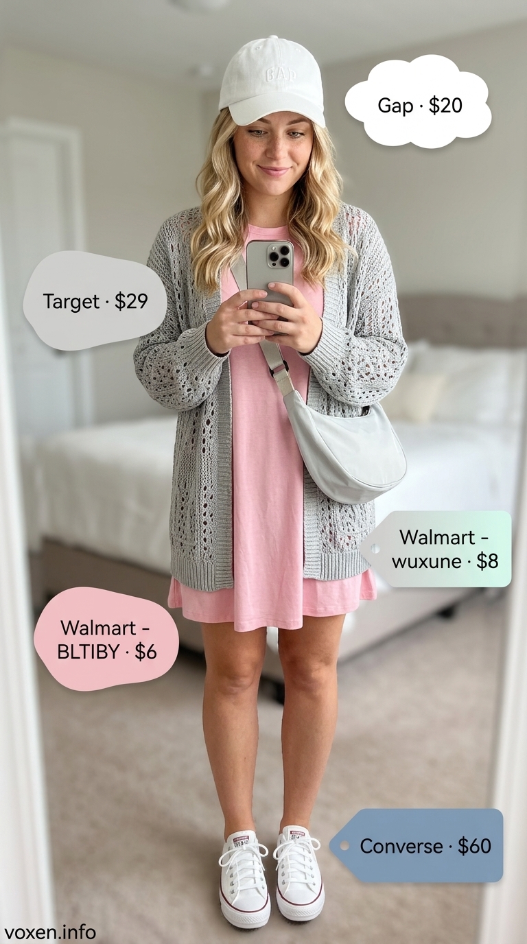 Midsize outfits for women summer 2026: Pink t-shirt dress, grey cardigan, and white sneakers for casual day.