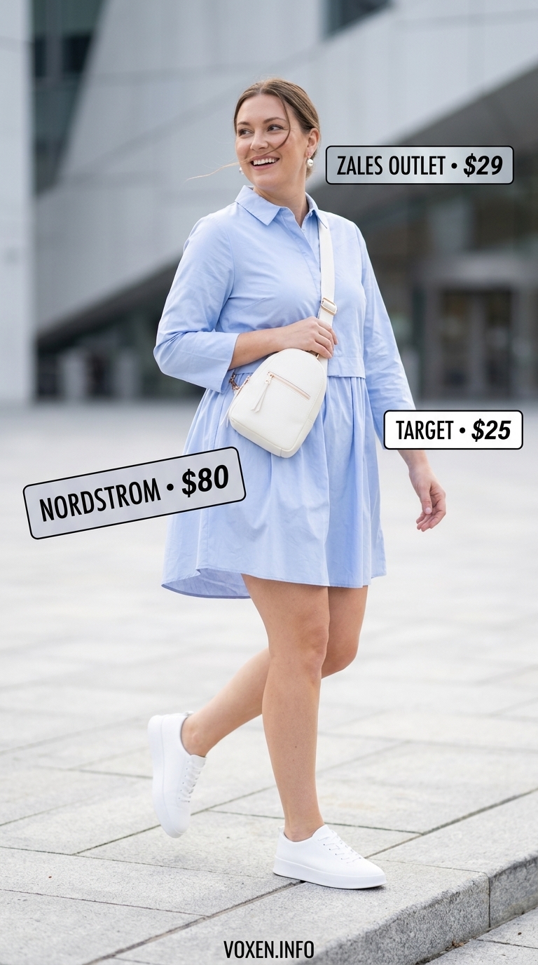 Midsize outfits for women summer 2026: Sky blue shirt dress with white sneakers and a crossbody bag for weekend errands.
