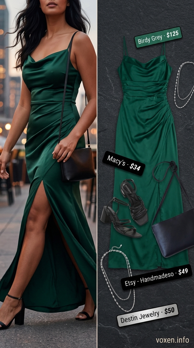 Midsize outfits for women summer 2026: Emerald green slip dress with black sandals and silver necklaces for a summer date.