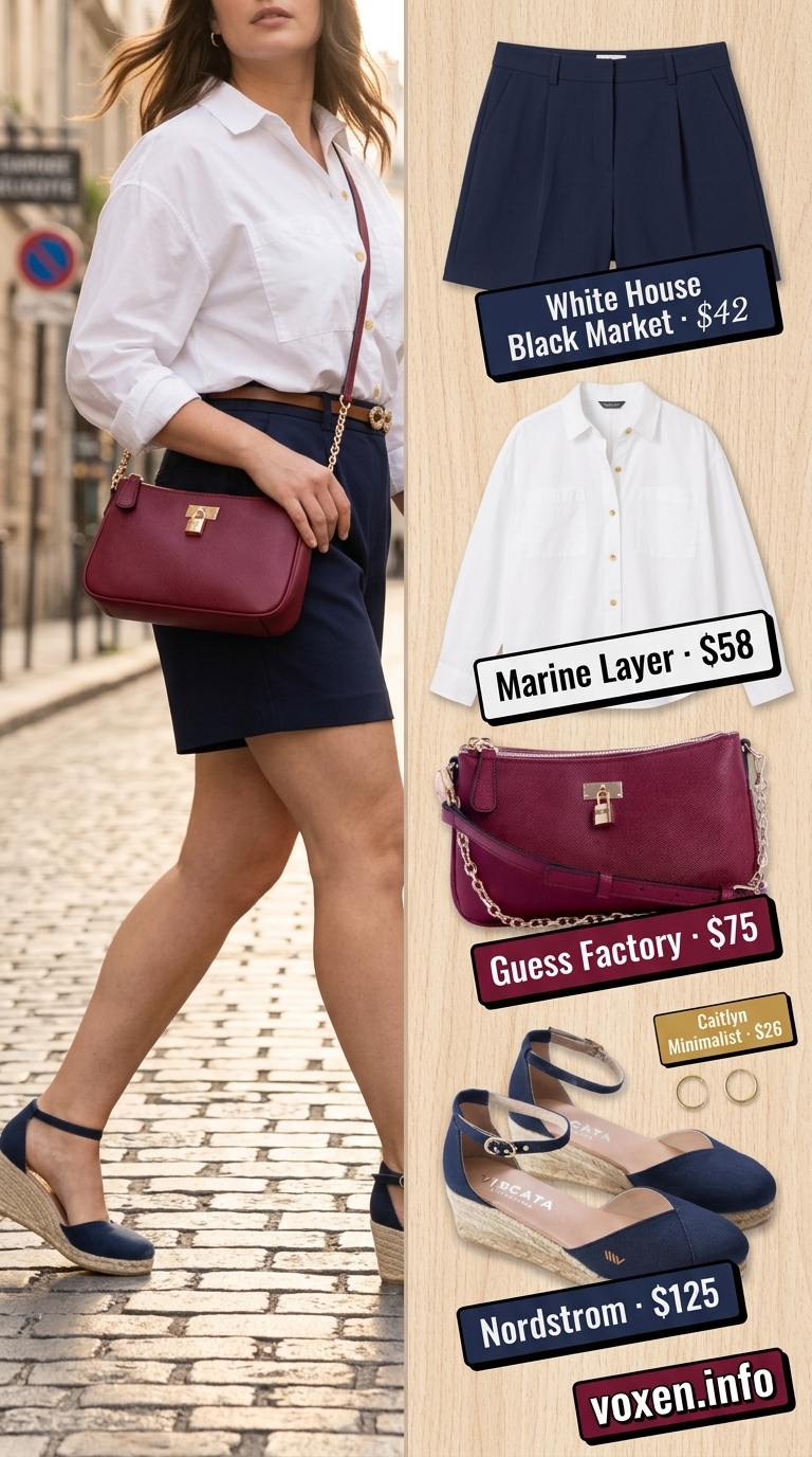 Midsize outfits for women summer 2026: Navy shorts, white shirt, espadrille wedges, and red crossbody bag for city sightseeing.