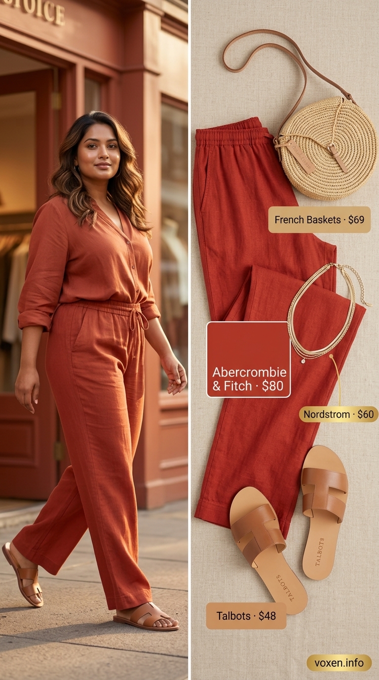 Midsize outfits for women summer 2026: Terracotta linen pants, cream knit top, and straw bag for brunch.