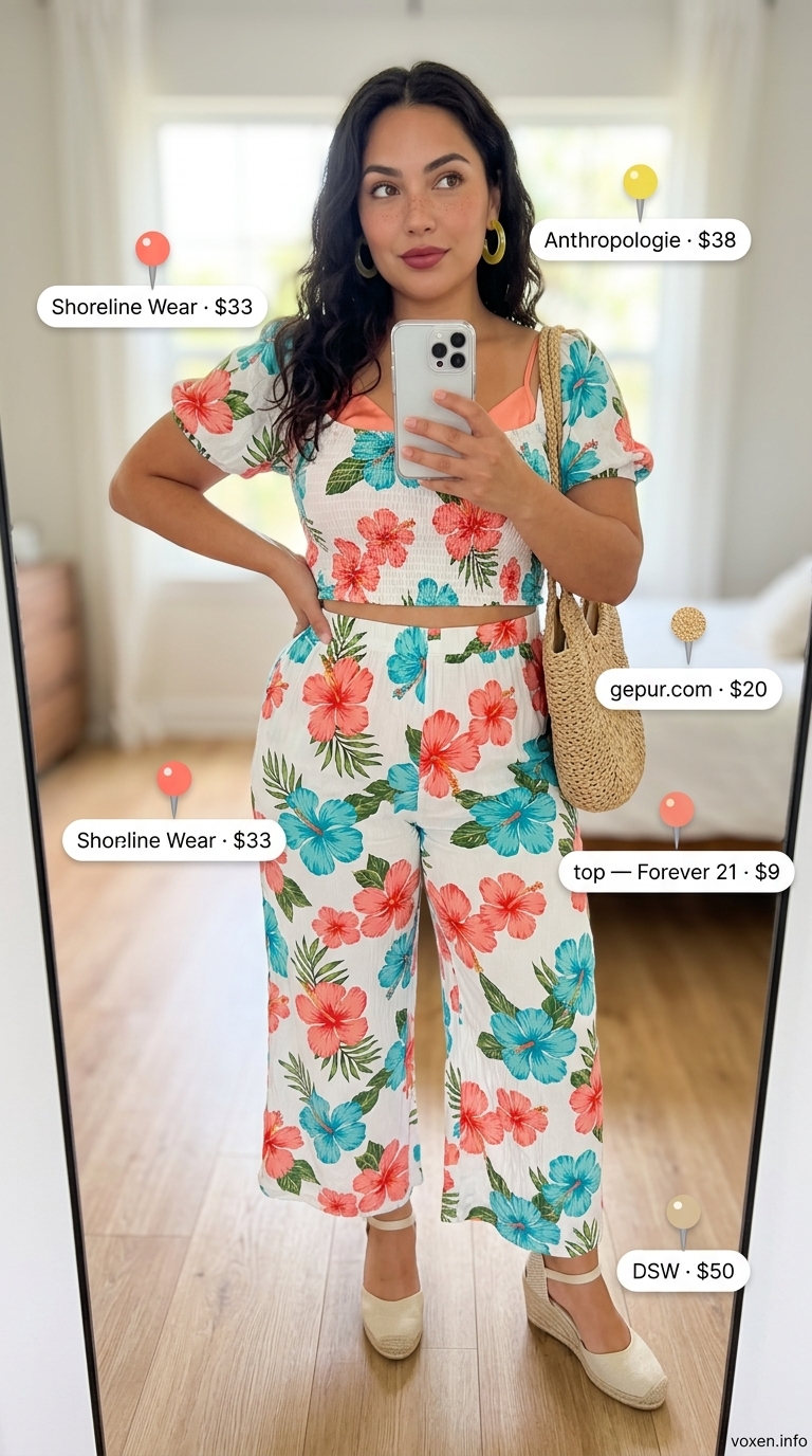 Midsize outfits for women summer 2026: Tropical print matching set, espadrilles, and straw bag for vacation dinner.