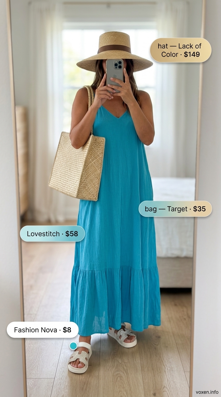 Midsize outfits for women summer 2026: Turquoise flowy maxi dress, straw hat, and beach tote for vacation.