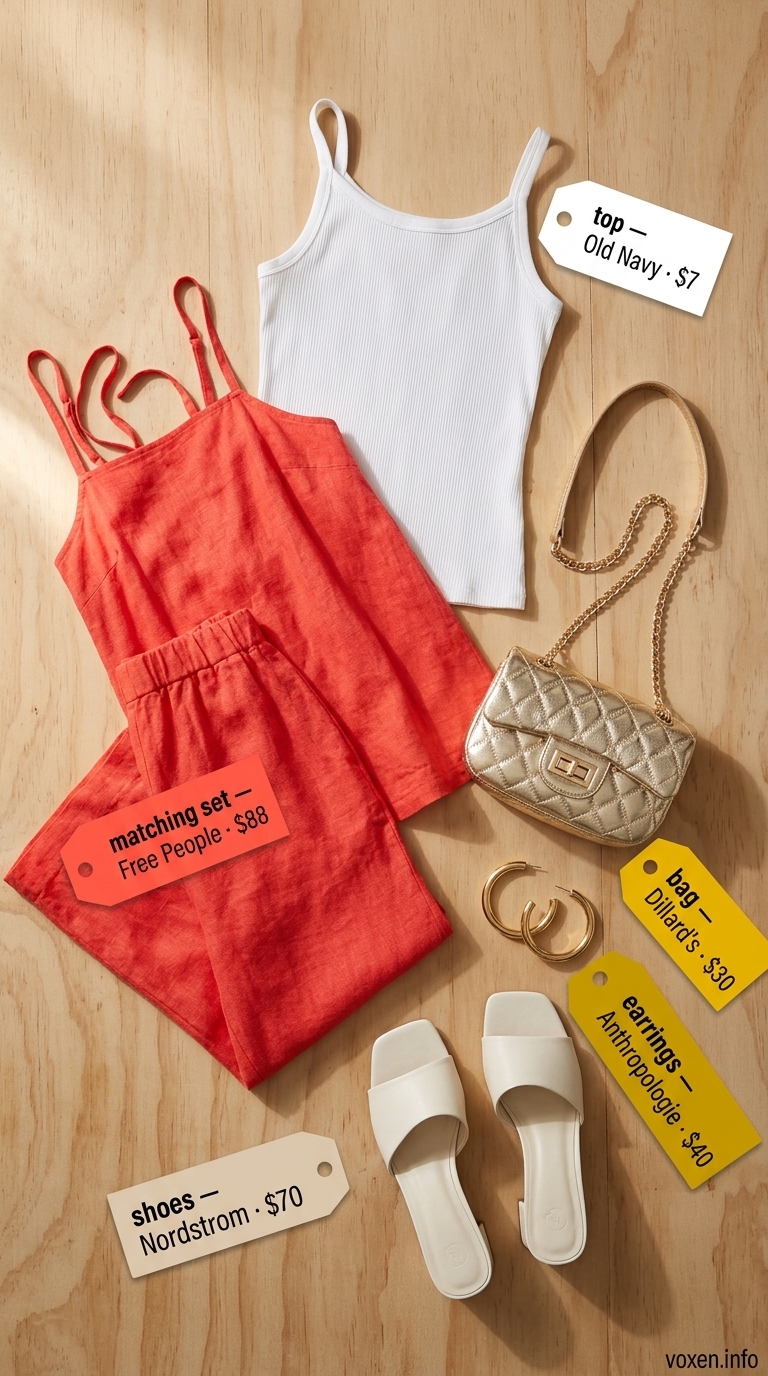 Midsize outfits for women summer 2026: Coral linen set, white tank, heeled sandals, gold hoops, chain shoulder bag.