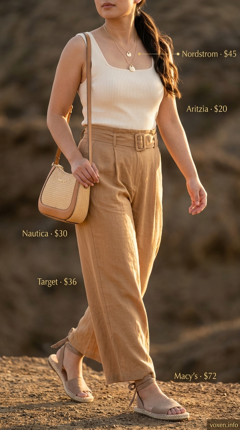 Midsize outfits for women summer 2026: Khaki wide-leg linen pants, cream knit top, espadrille sandals, straw crossbody bag.