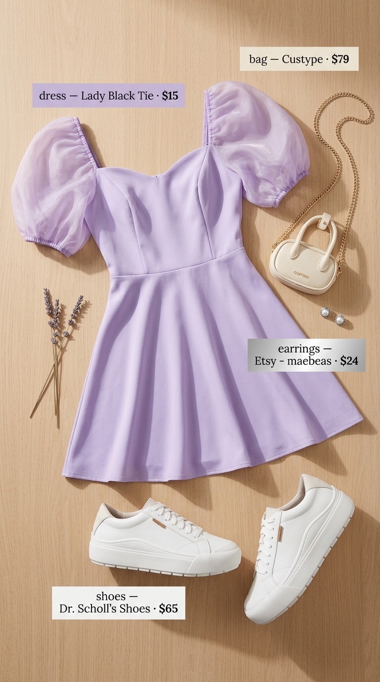 Midsize outfits for women summer 2026: Lavender cotton mini dress, white sneakers, silver pearl earrings, cream crossbody bag.